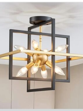 8-Light Farmhouse Semi Flush Mount Ceiling Light Black Gold Geometric E12